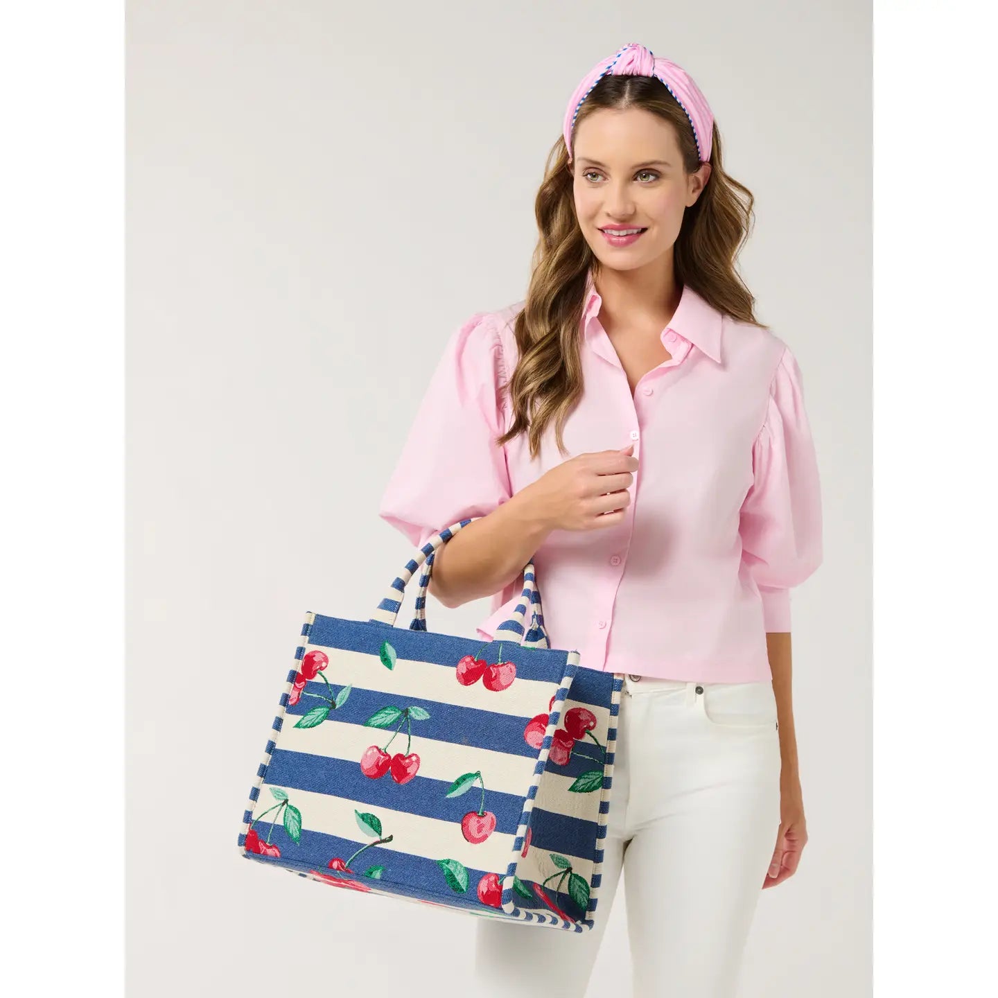 Cherries and Stripes Jacquard Tote