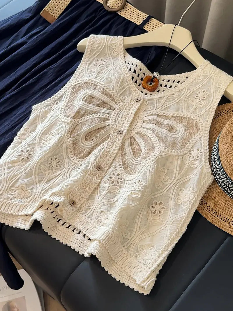 Buttoned Lace Sleeveless Top with Crochet Details