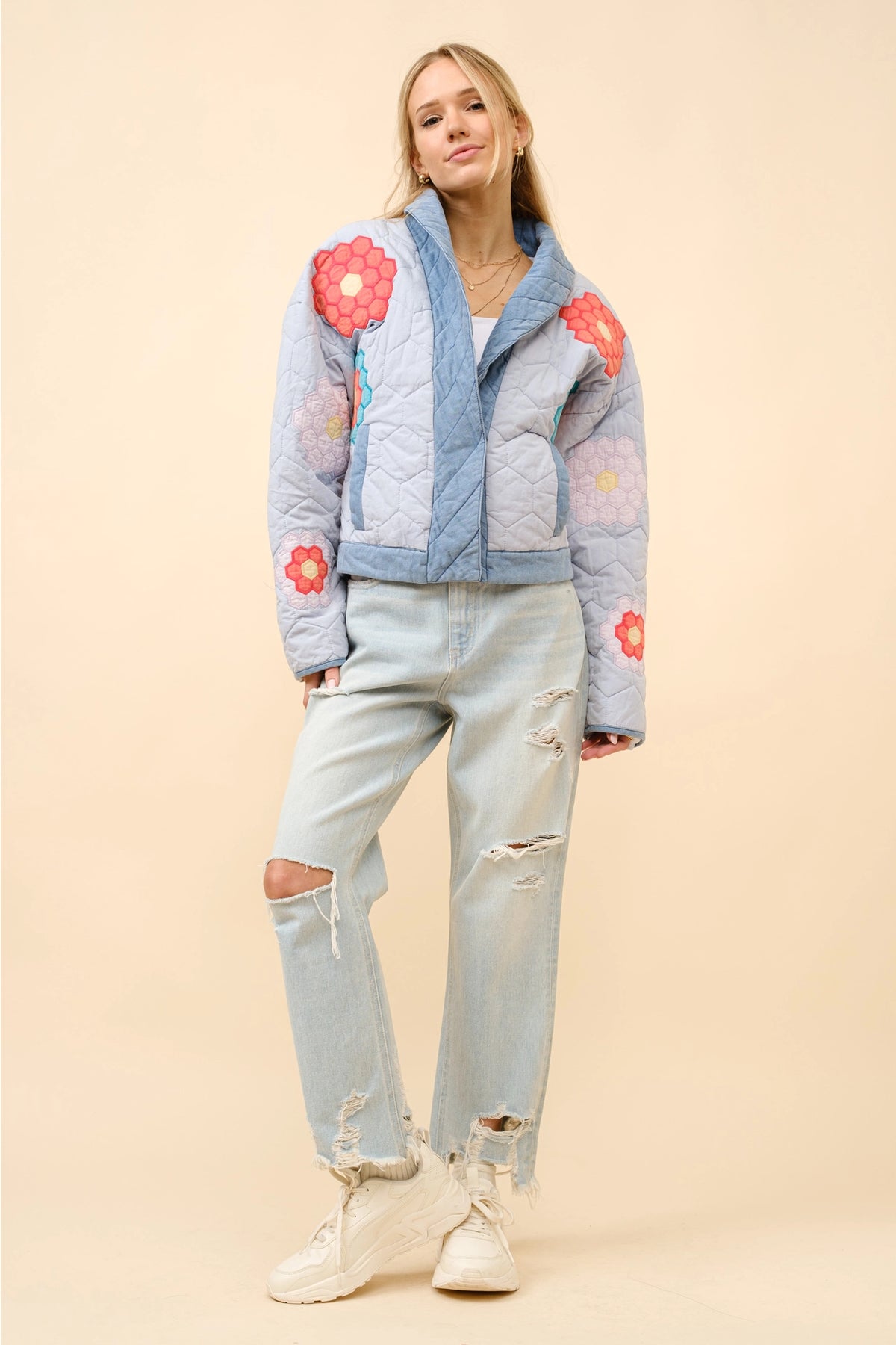 Shawl Under-Collar Quilted Snap Up Jacket