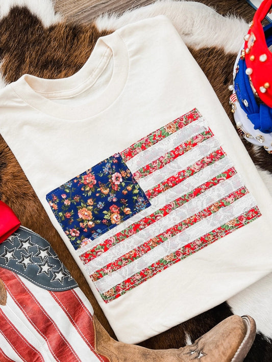 Appliquéd American Flag Lace Tee