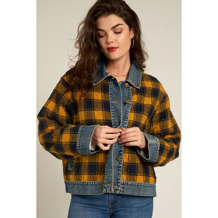 Plaid Denim Jacket — Mustard & Navy