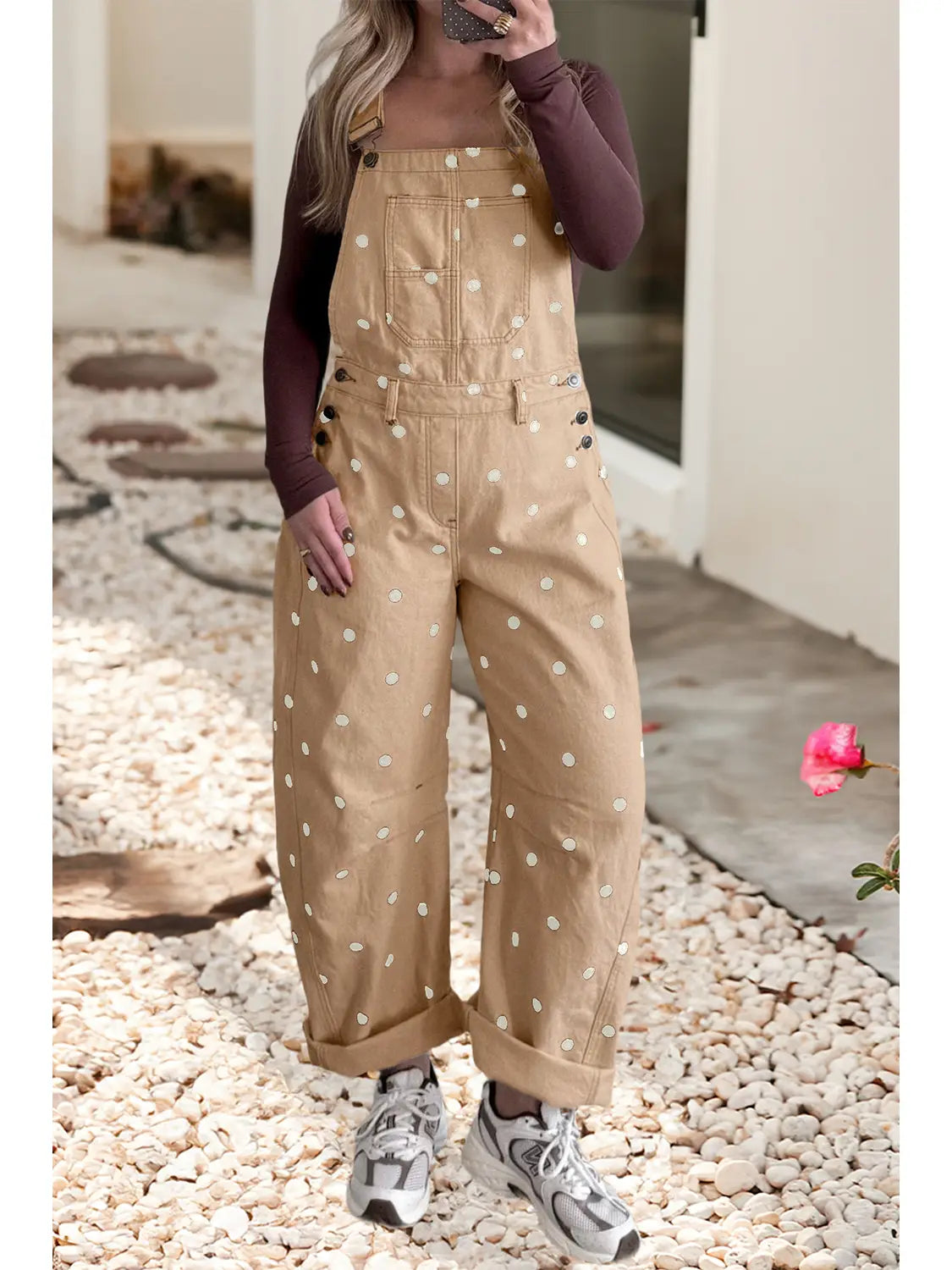 French Beige Dot Print Denim Barrel Overalls