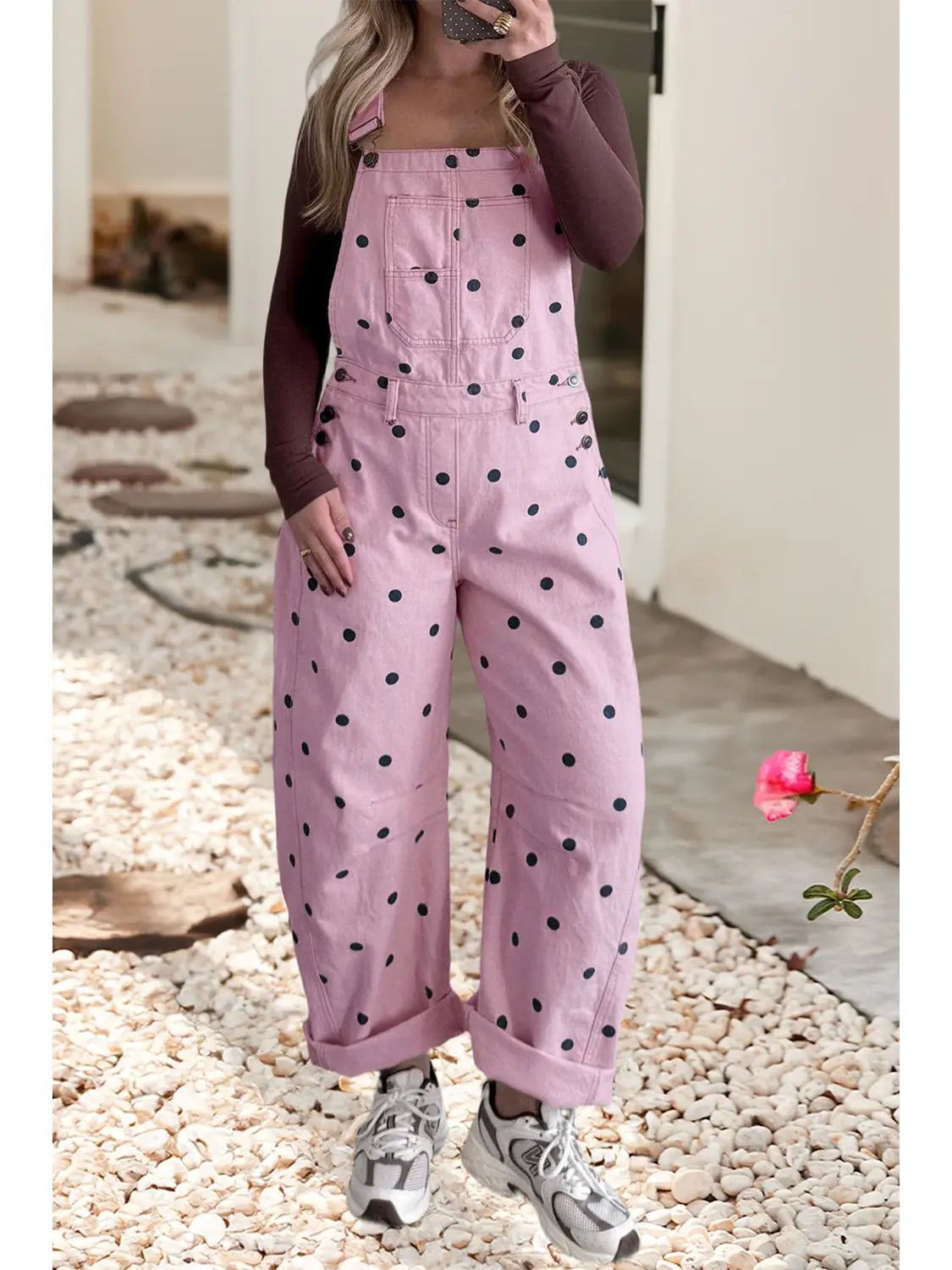 Pink with Black Dot Print Denim Barrel Overalls