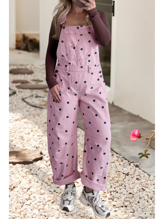 Pink with Black Dot Print Denim Barrel Overalls