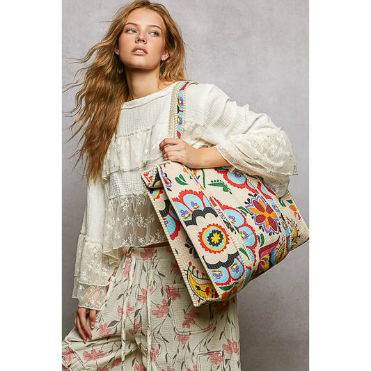 Quilted Bohemian Printed Zippered Tote Bag