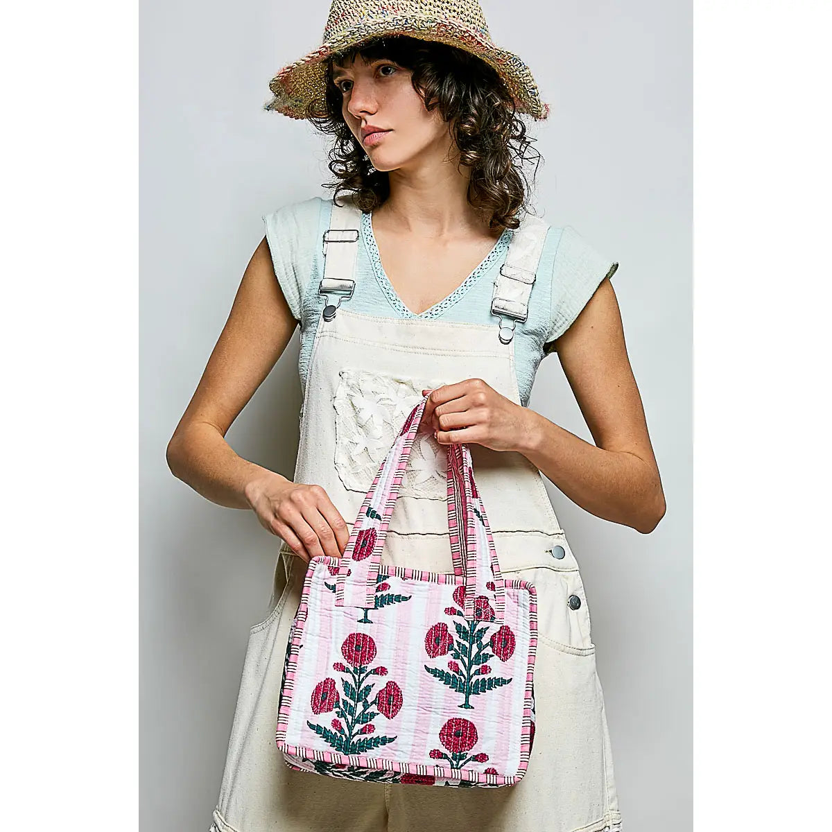 Pink & White Striped Mini Quilted Cotton Tote Bag
