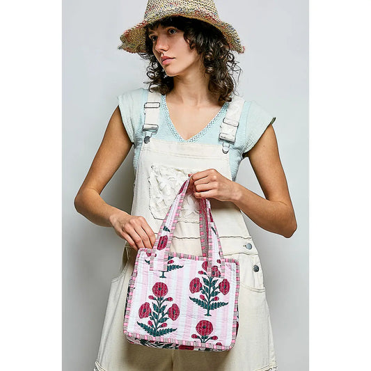 Pink & White Striped Mini Quilted Cotton Tote Bag