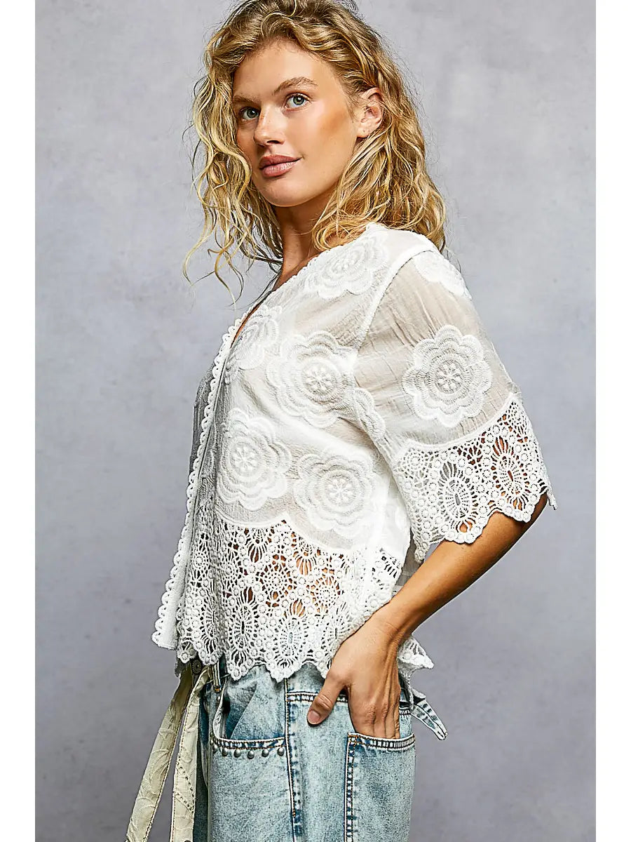Crochet Trimmed Short Sleeve Jacket Top