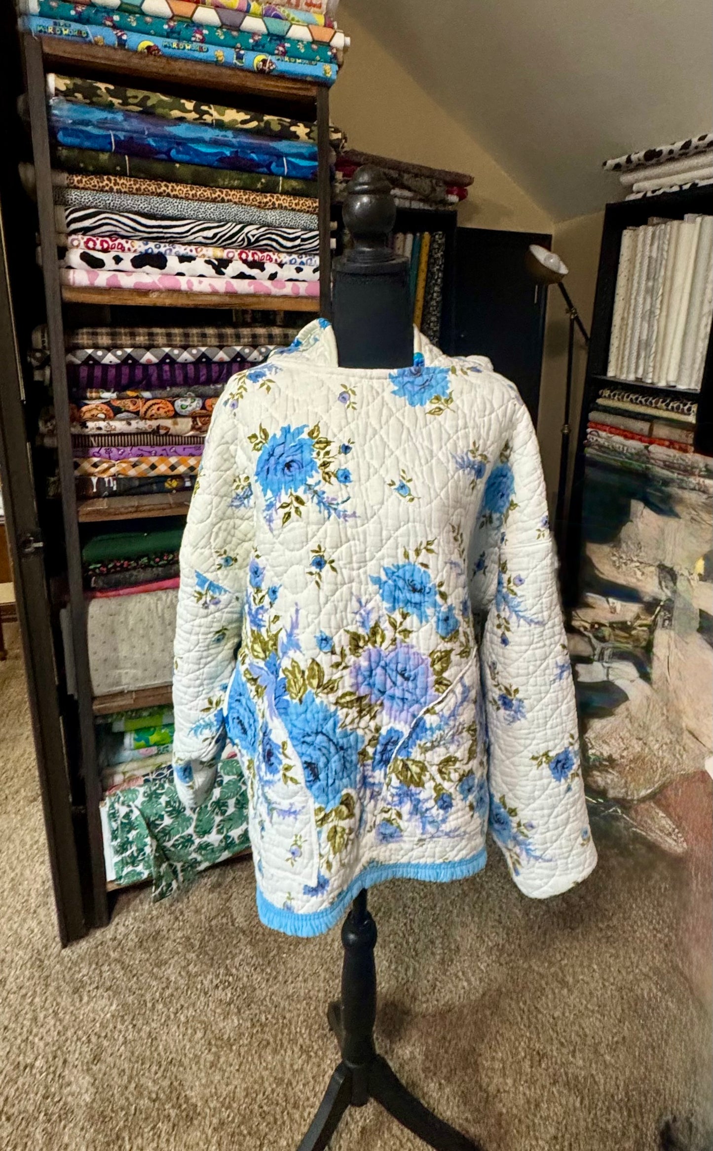 Blue Floral Quilted Hoodie