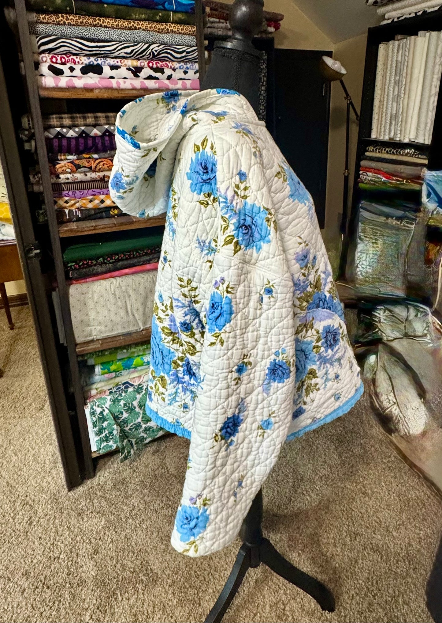 Blue Floral Quilted Hoodie