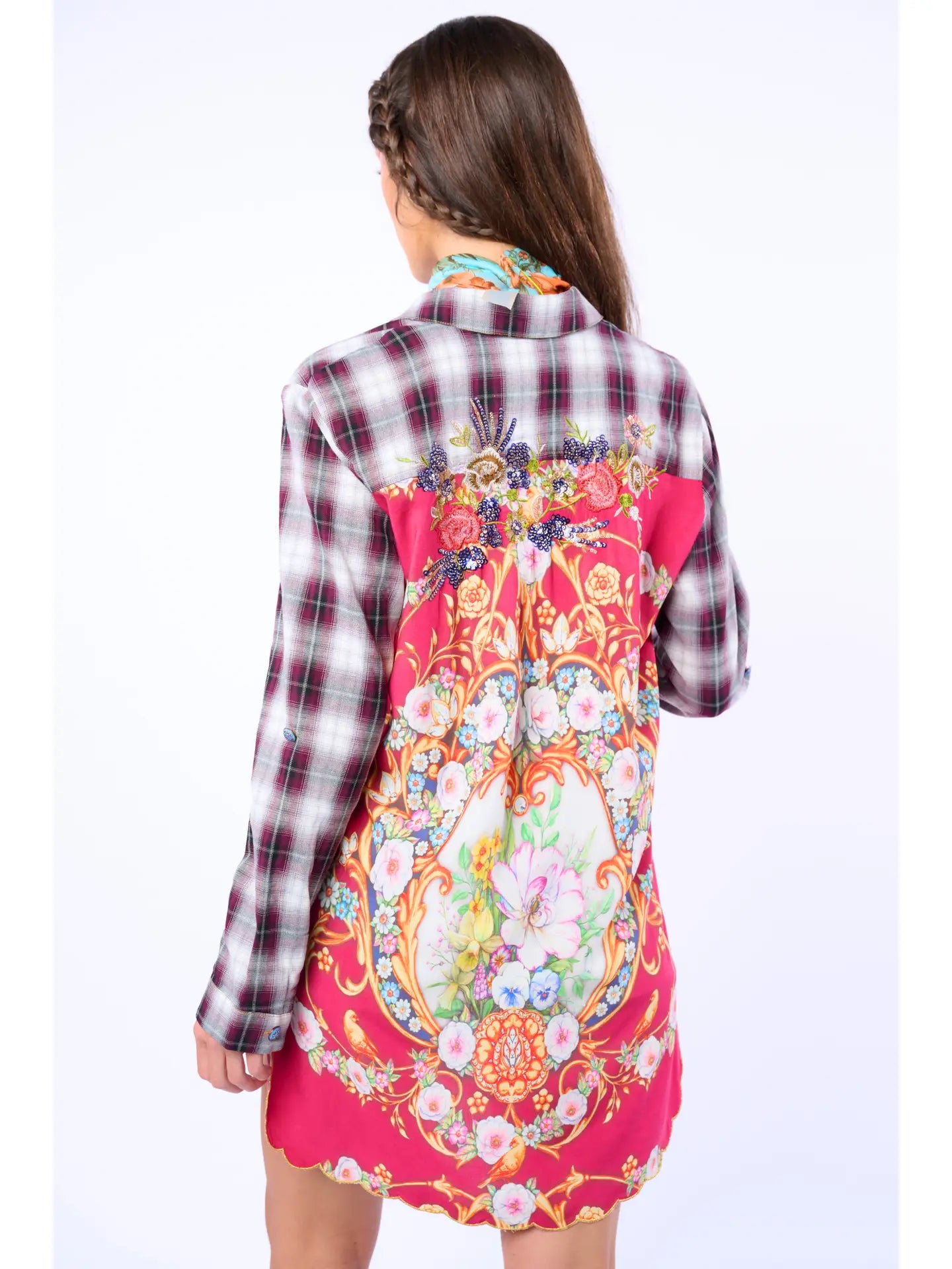 The Alice Shirt - Plaid Floral and Embroidered High Low Blouse