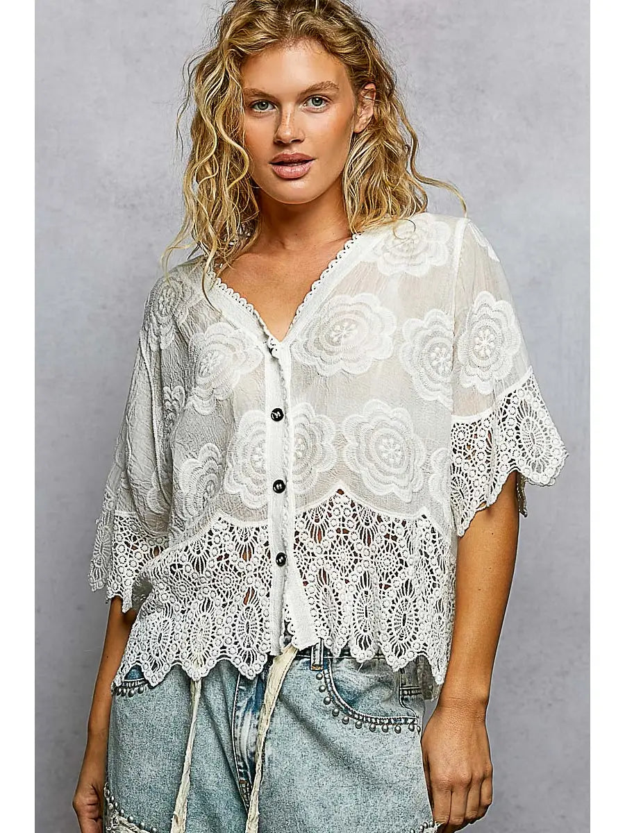 Crochet Trimmed Short Sleeve Jacket Top