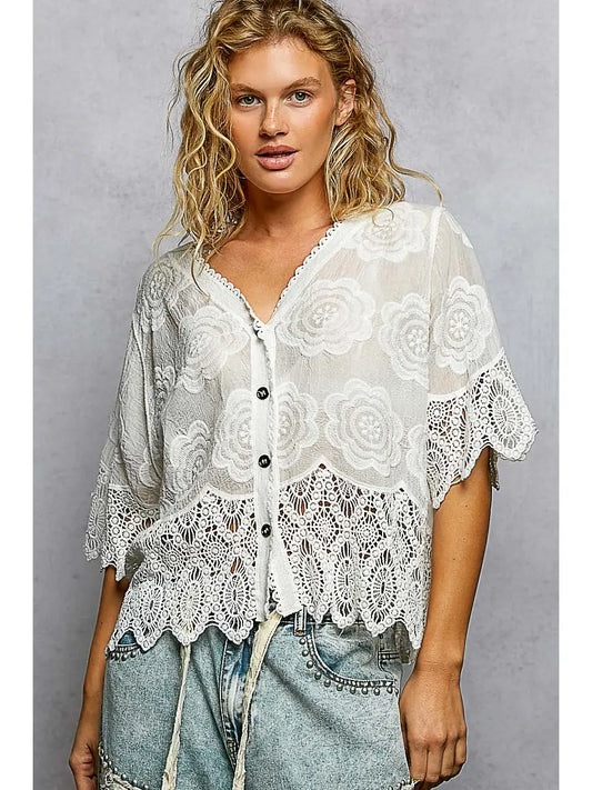 Crochet Trimmed Short Sleeve Jacket Top
