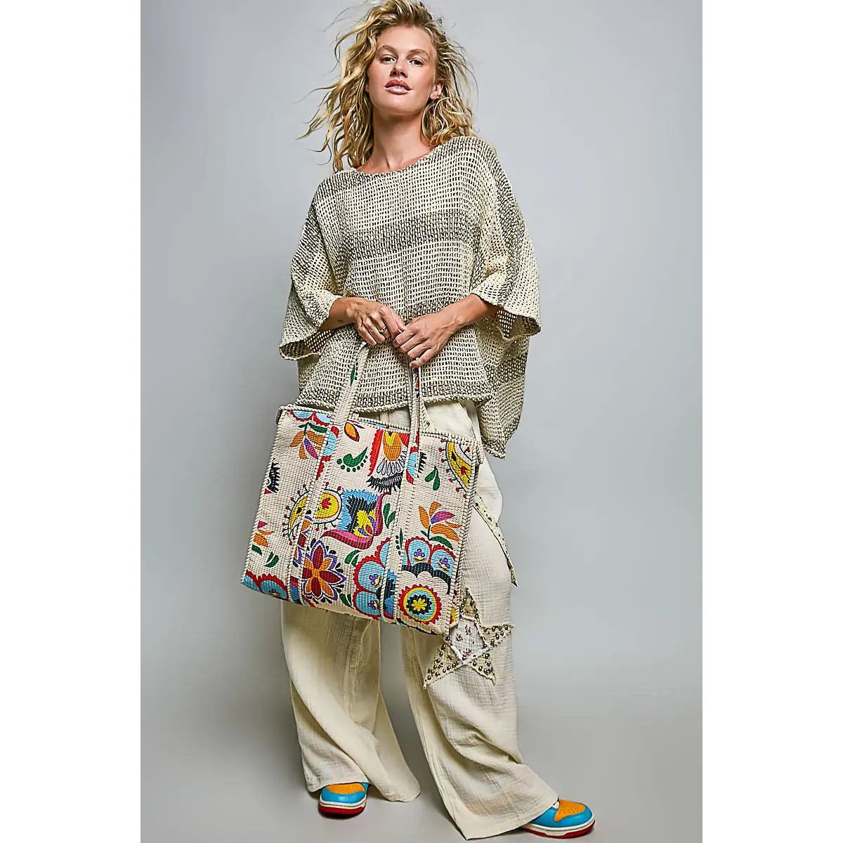 Quilted Bohemian Printed Zippered Tote Bag