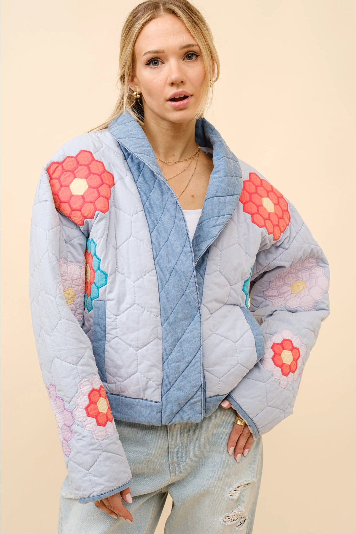 Shawl Under-Collar Quilted Snap Up Jacket