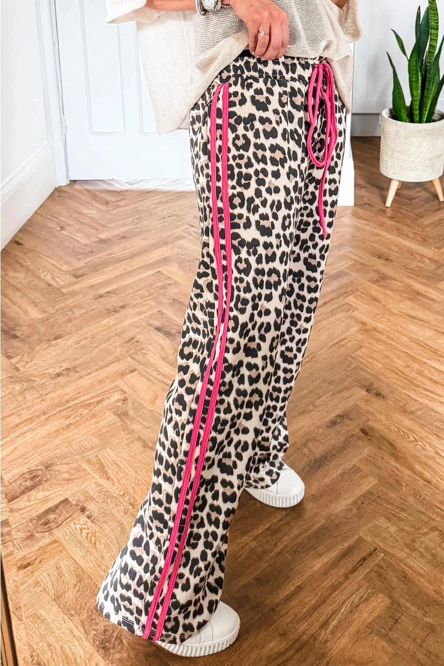 Leopard Print Casual Pants with Pink Contrast Detail