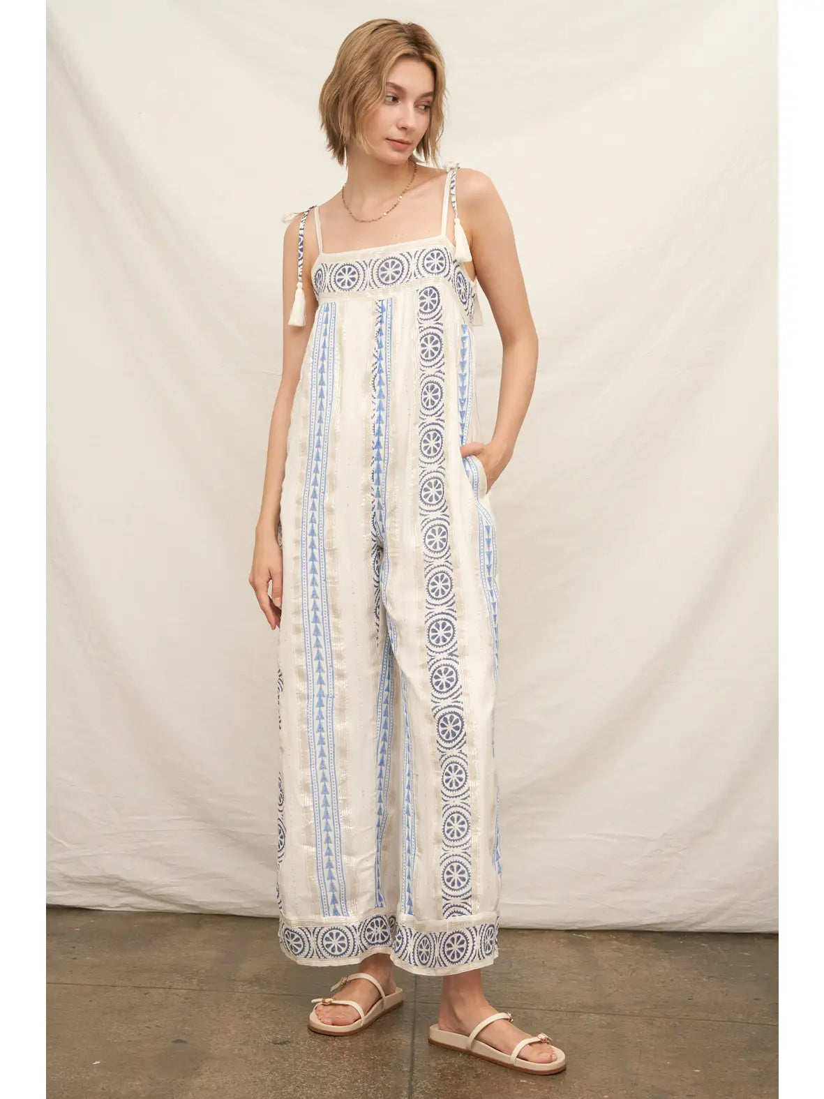Embroidered Jumpsuit with Tassel Shoulder and Back Ties
