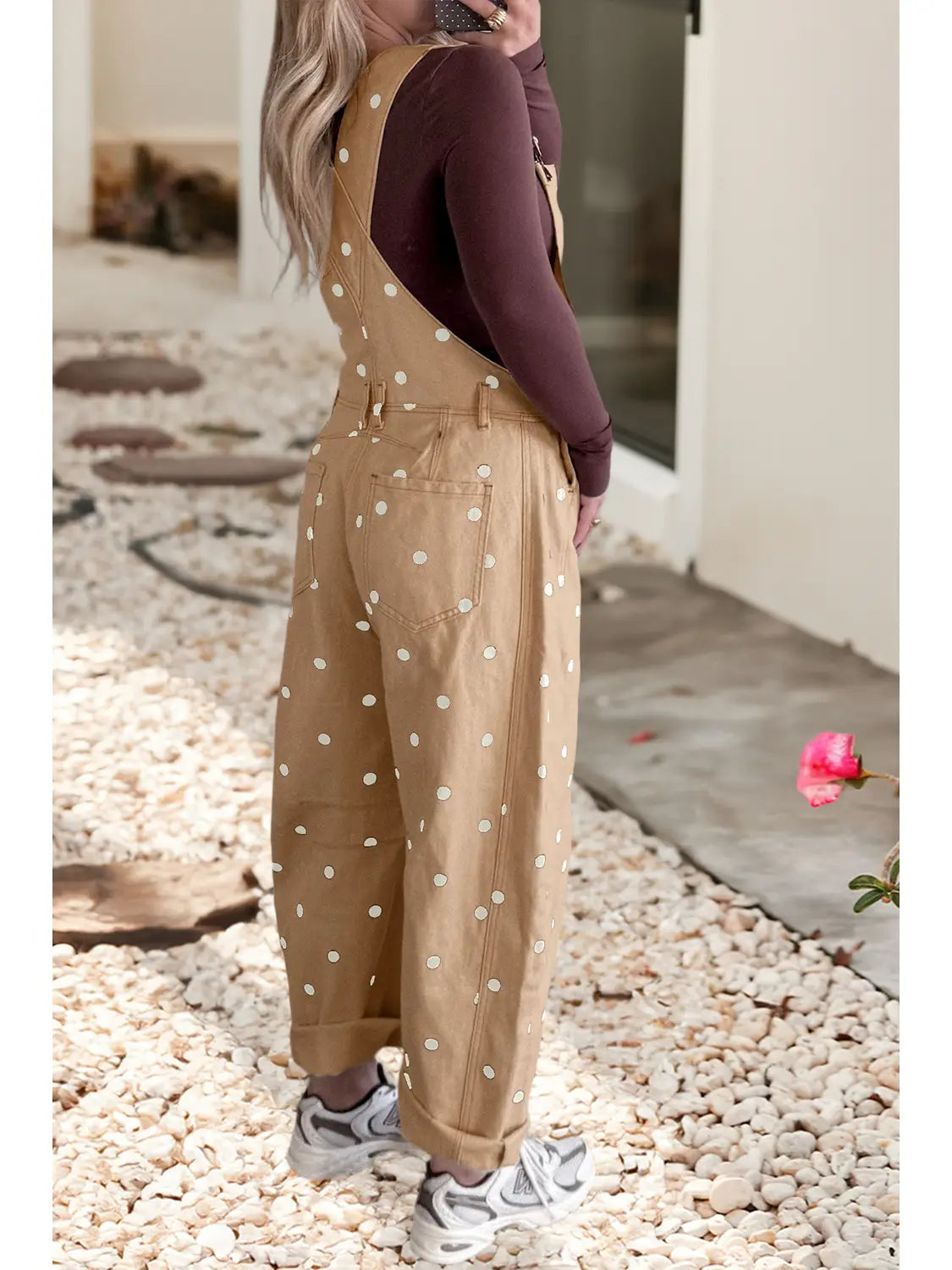 French Beige Dot Print Denim Barrel Overalls