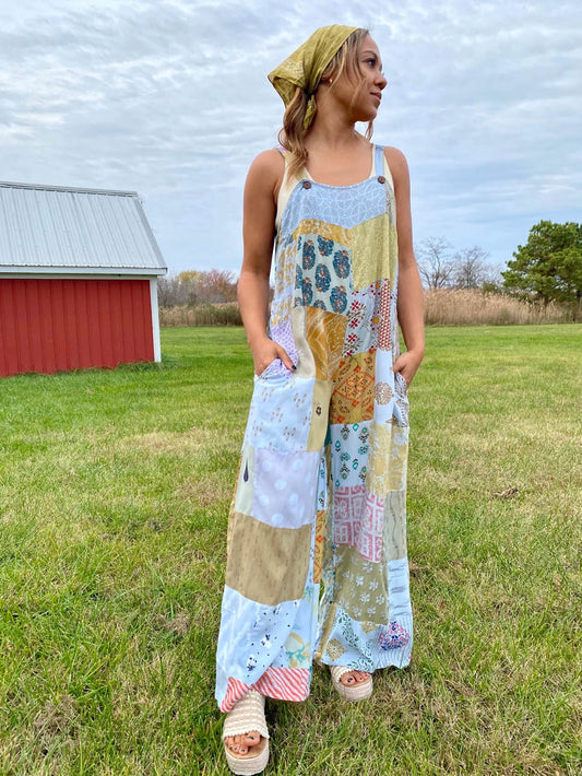 Blue Patchwork Overalls
