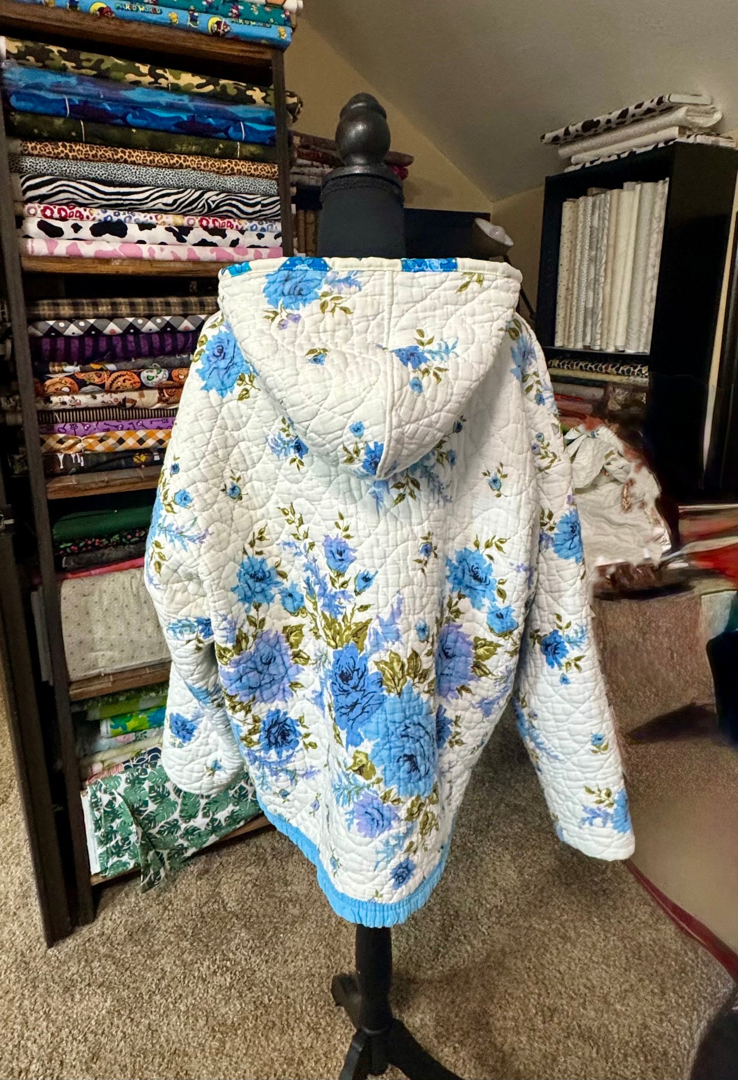 Blue Floral Quilted Hoodie