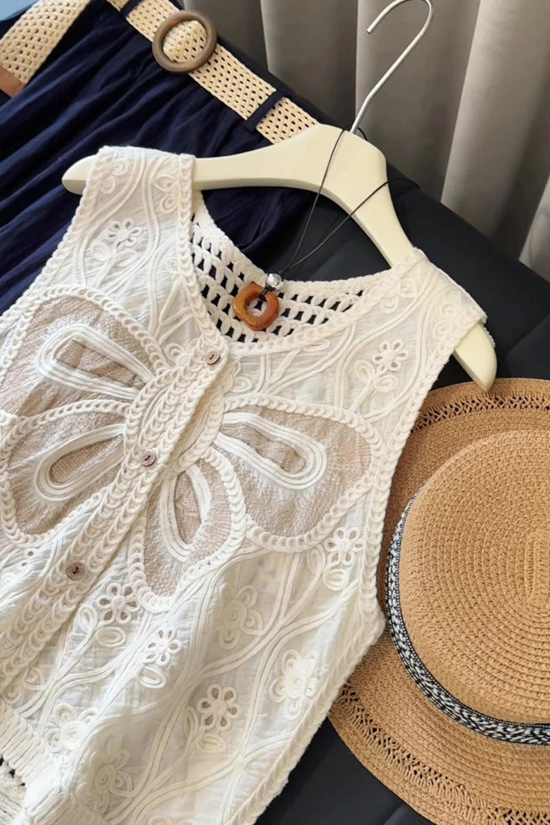 Buttoned Lace Sleeveless Top with Crochet Details