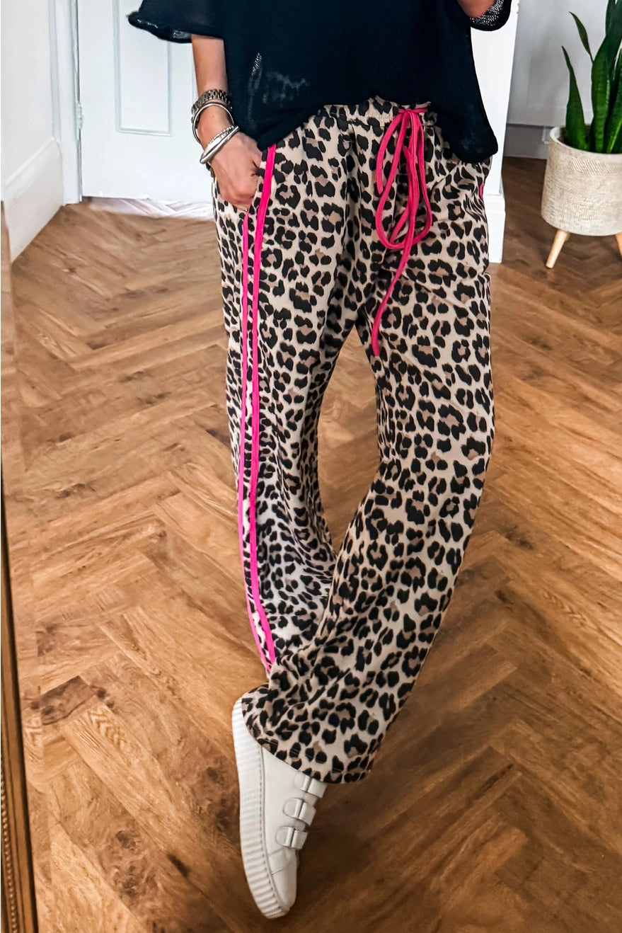 Leopard Print Casual Pants with Pink Contrast Detail