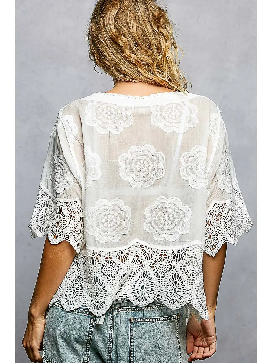 Crochet Trimmed Short Sleeve Jacket Top