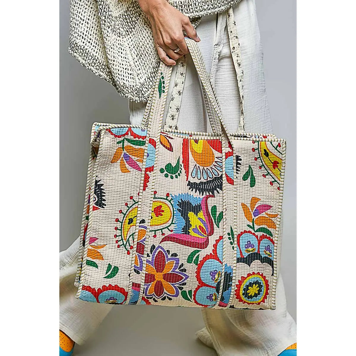Quilted Bohemian Printed Zippered Tote Bag