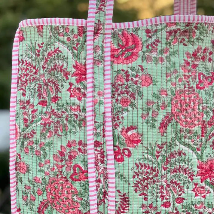 Quilted Pink Floral/Green Background Printed Bag