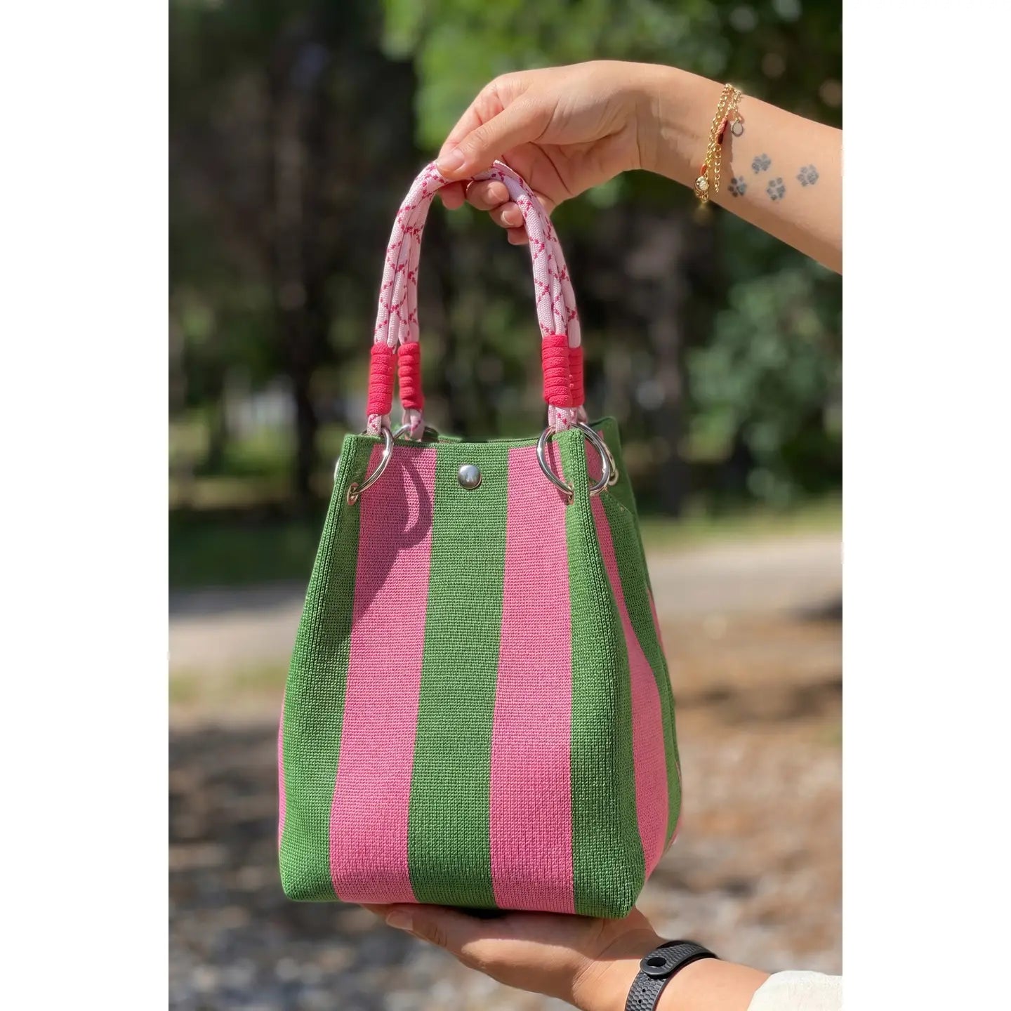 Knitted Striped Boho Bag with Rope Handles
