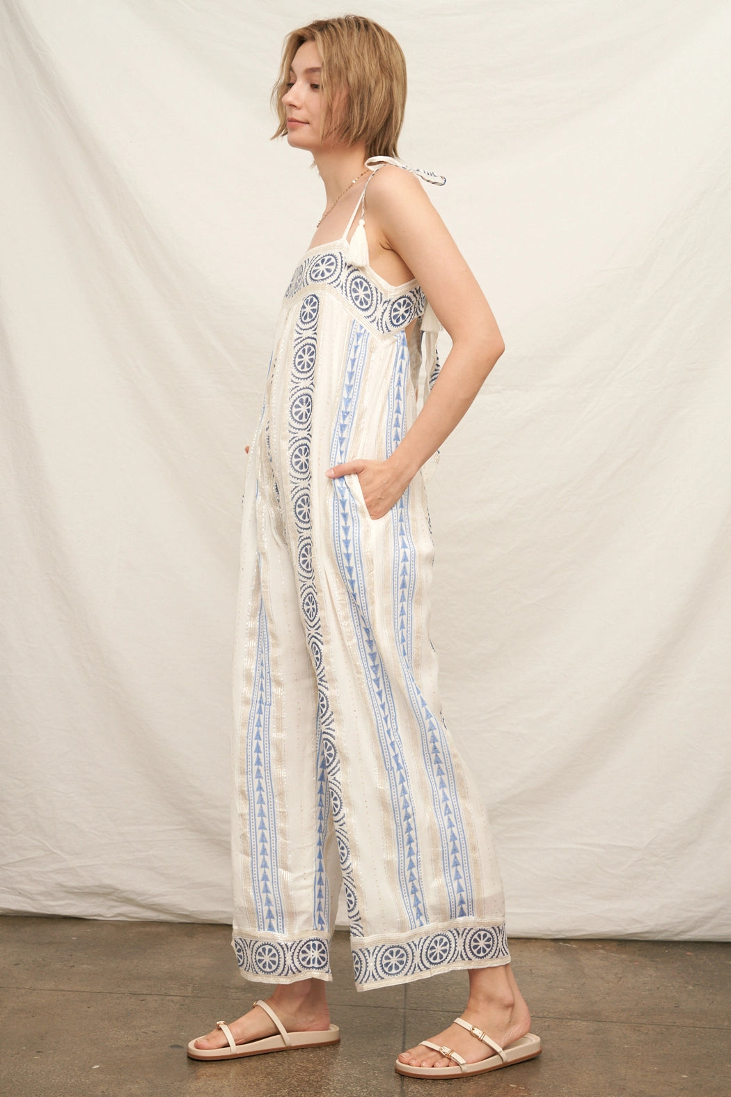 Embroidered Jumpsuit with Tassel Shoulder and Back Ties
