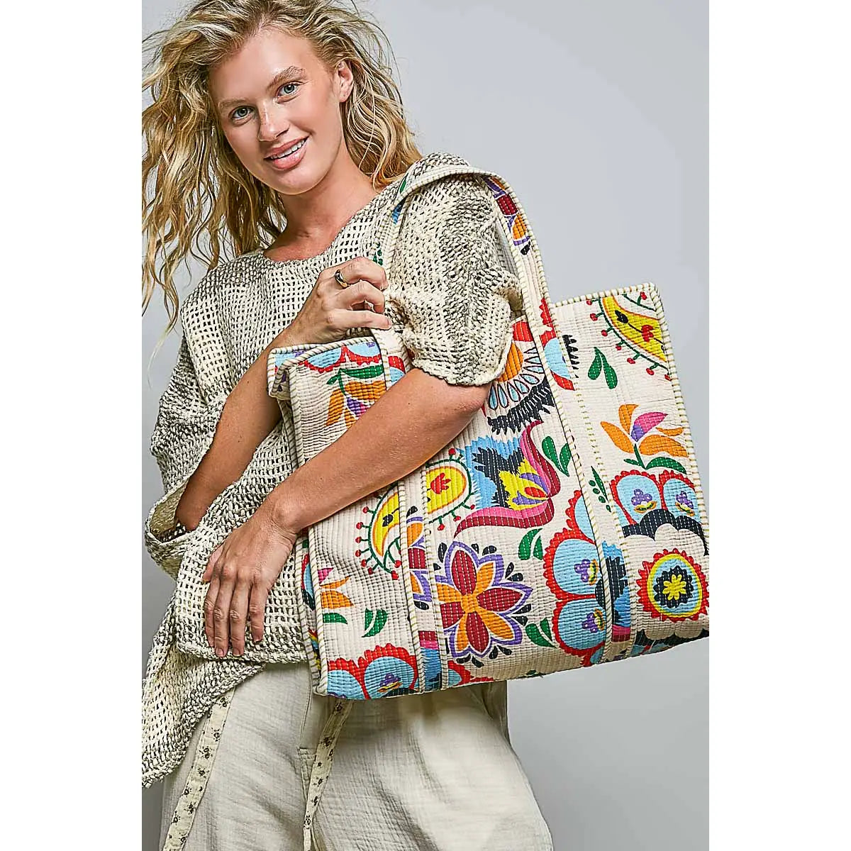 Quilted Bohemian Printed Zippered Tote Bag