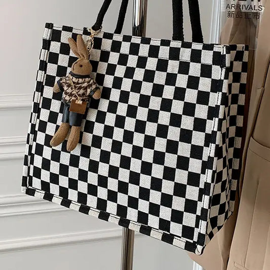 Checkered Pattern Tote Bag with Rabbit Charm