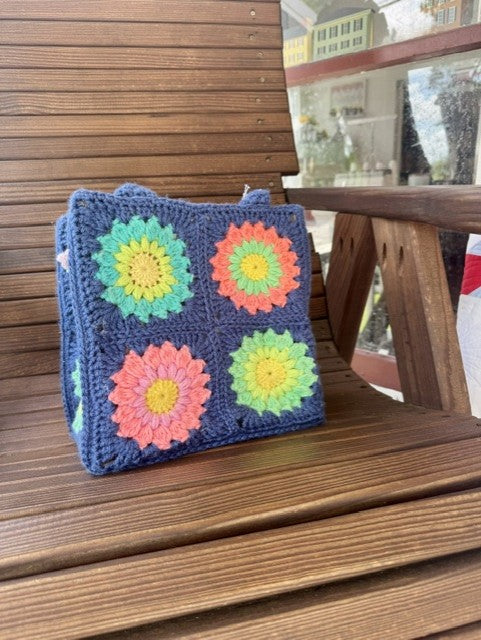 Medium Multi-colored Gerber Daisy Crochet bag with crocheted handles