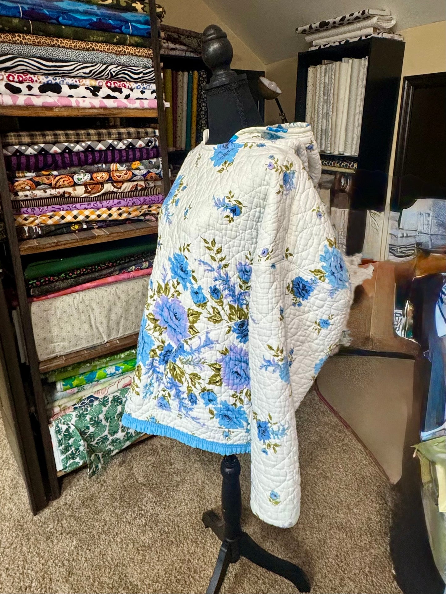 Blue Floral Quilted Hoodie