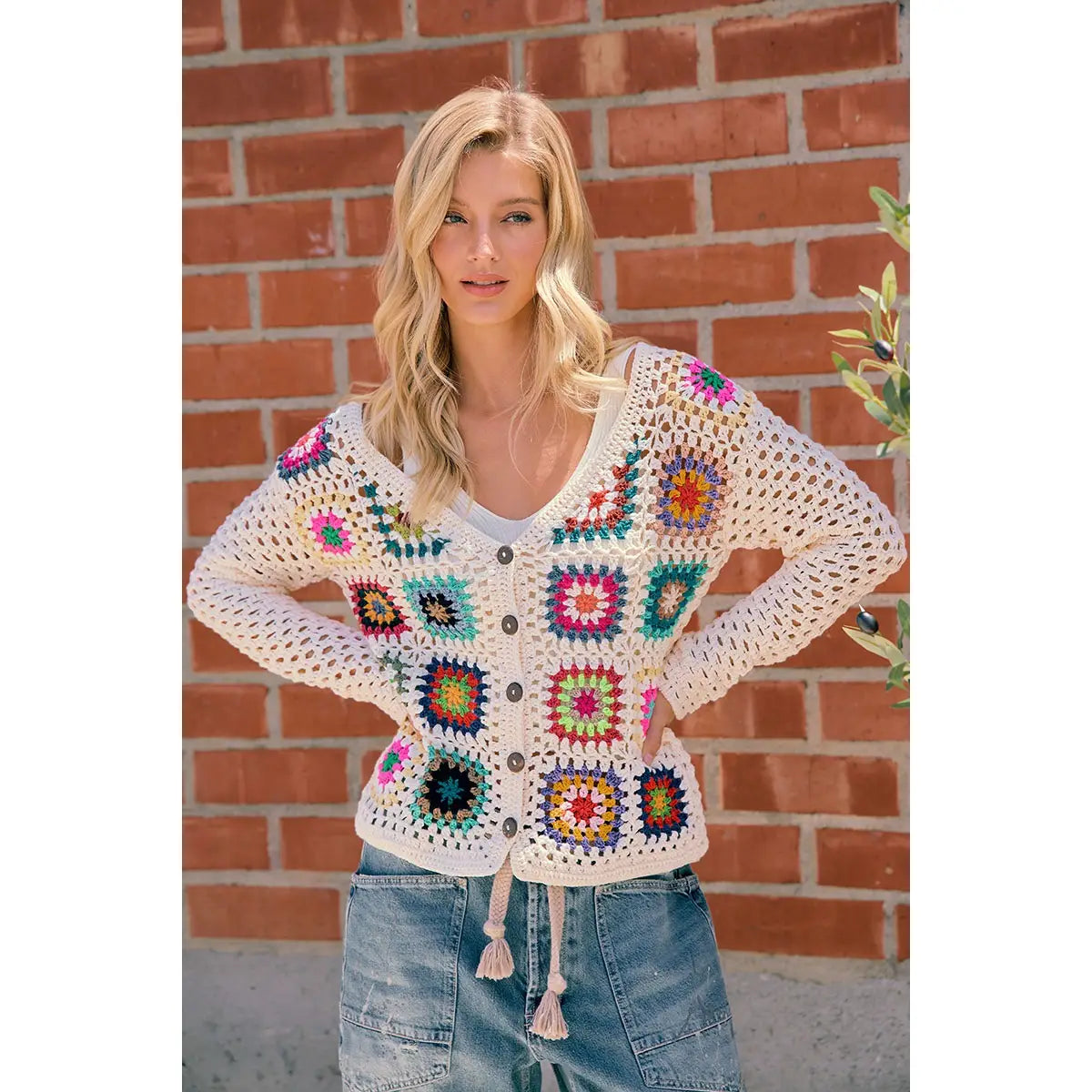 Ivory Crochet Granny Square Cardigan