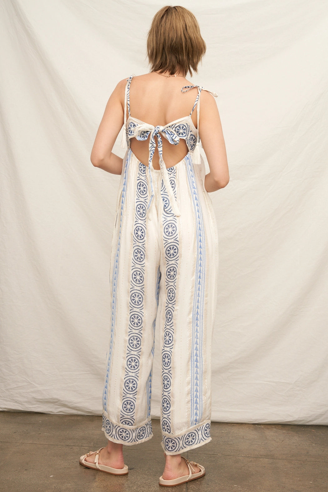 Embroidered Jumpsuit with Tassel Shoulder and Back Ties
