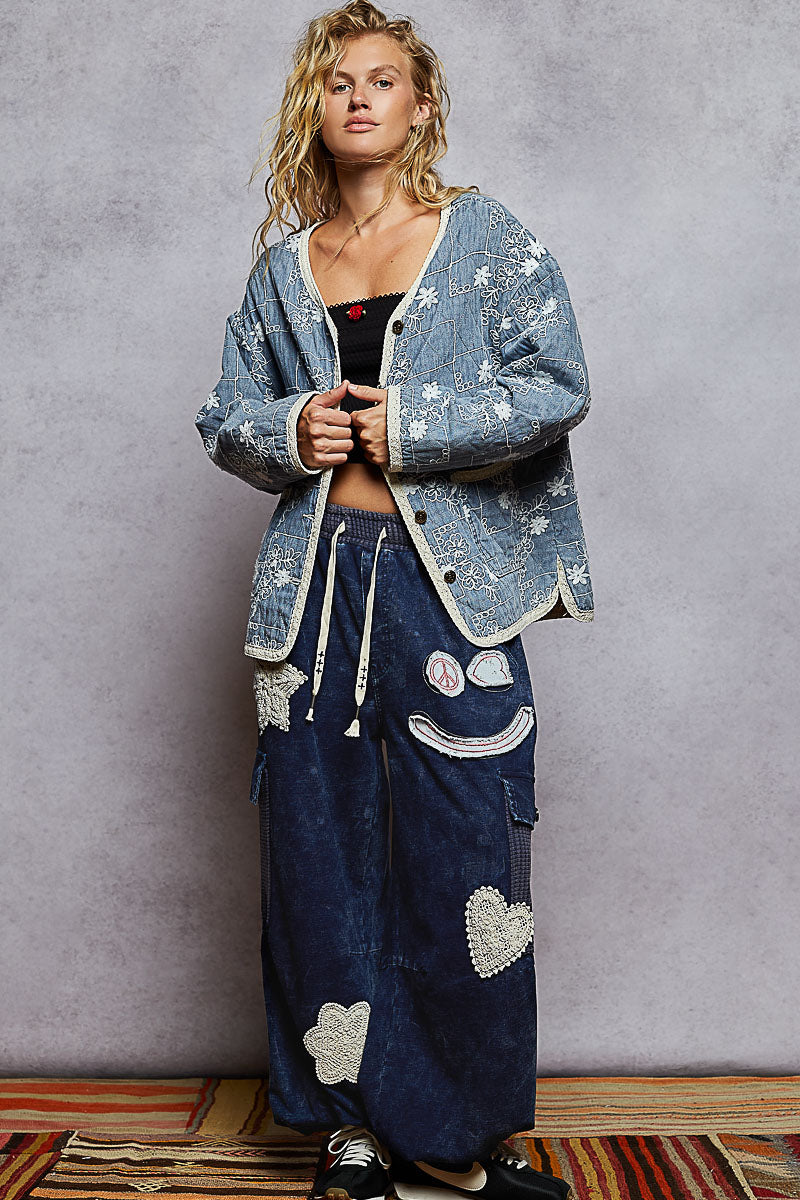 Long Sleeve Quilted Woven Denim Jacket
