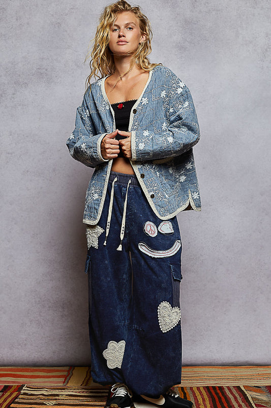 Long Sleeve Quilted Woven Denim Jacket