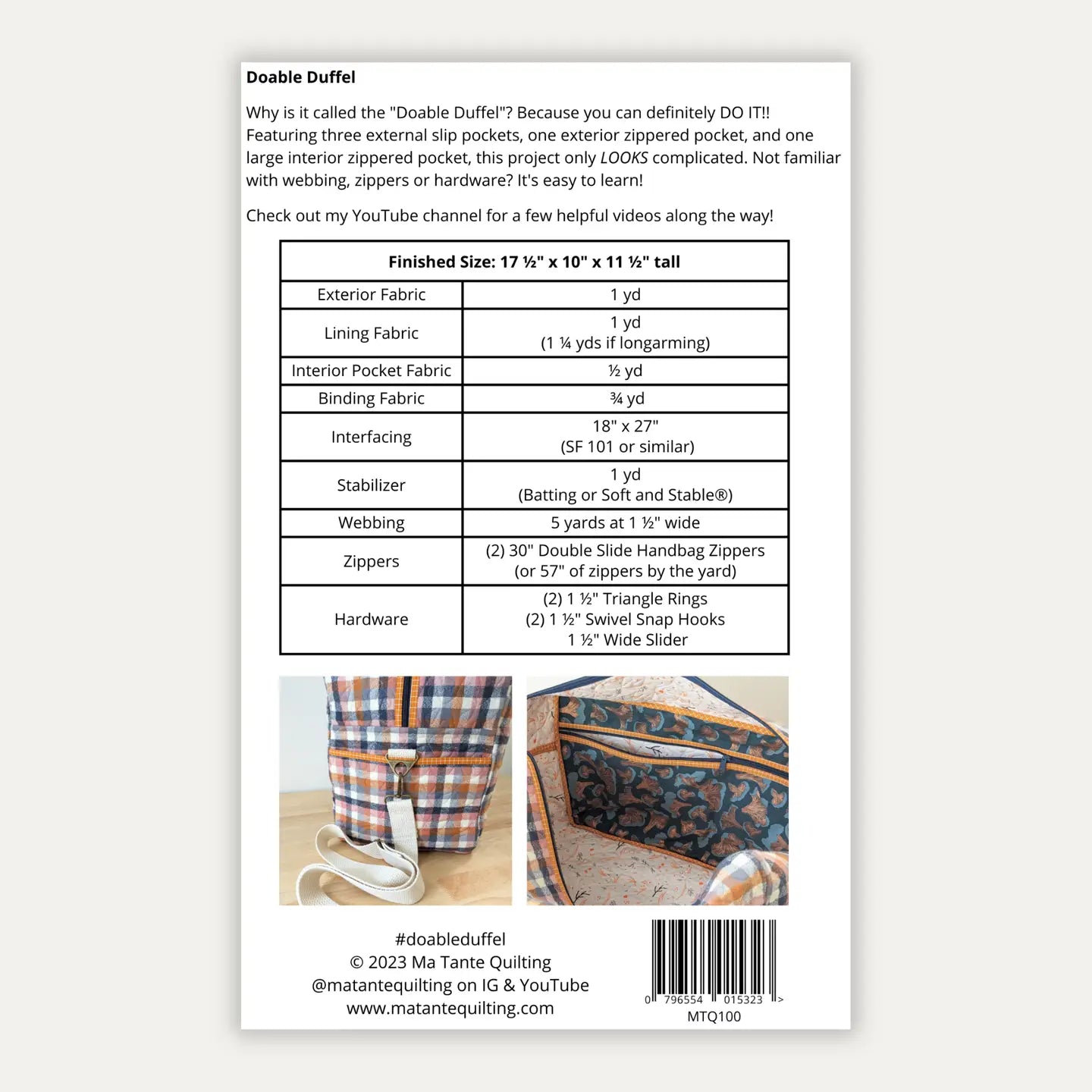 Doable Duffel (Paper Pattern) -  Ma Tante Quilting