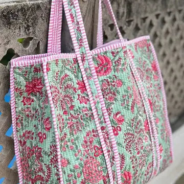 Quilted Pink Floral/Green Background Printed Bag