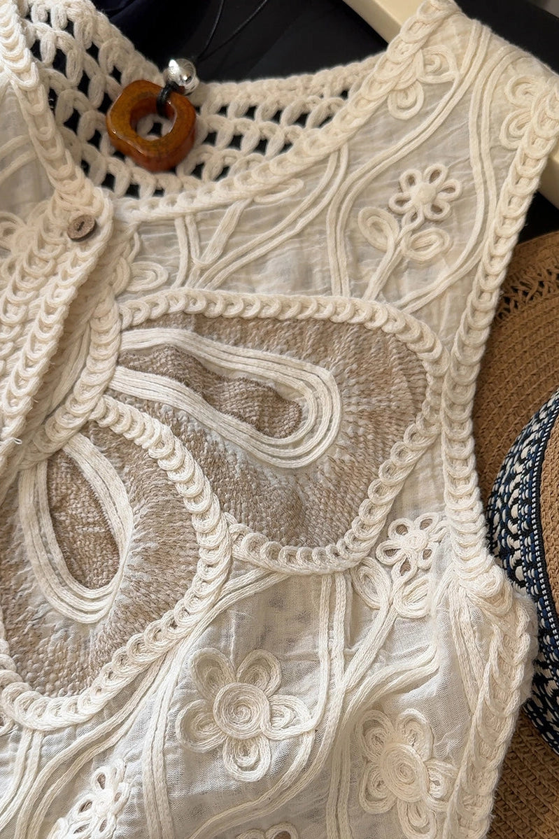Buttoned Lace Sleeveless Top with Crochet Details