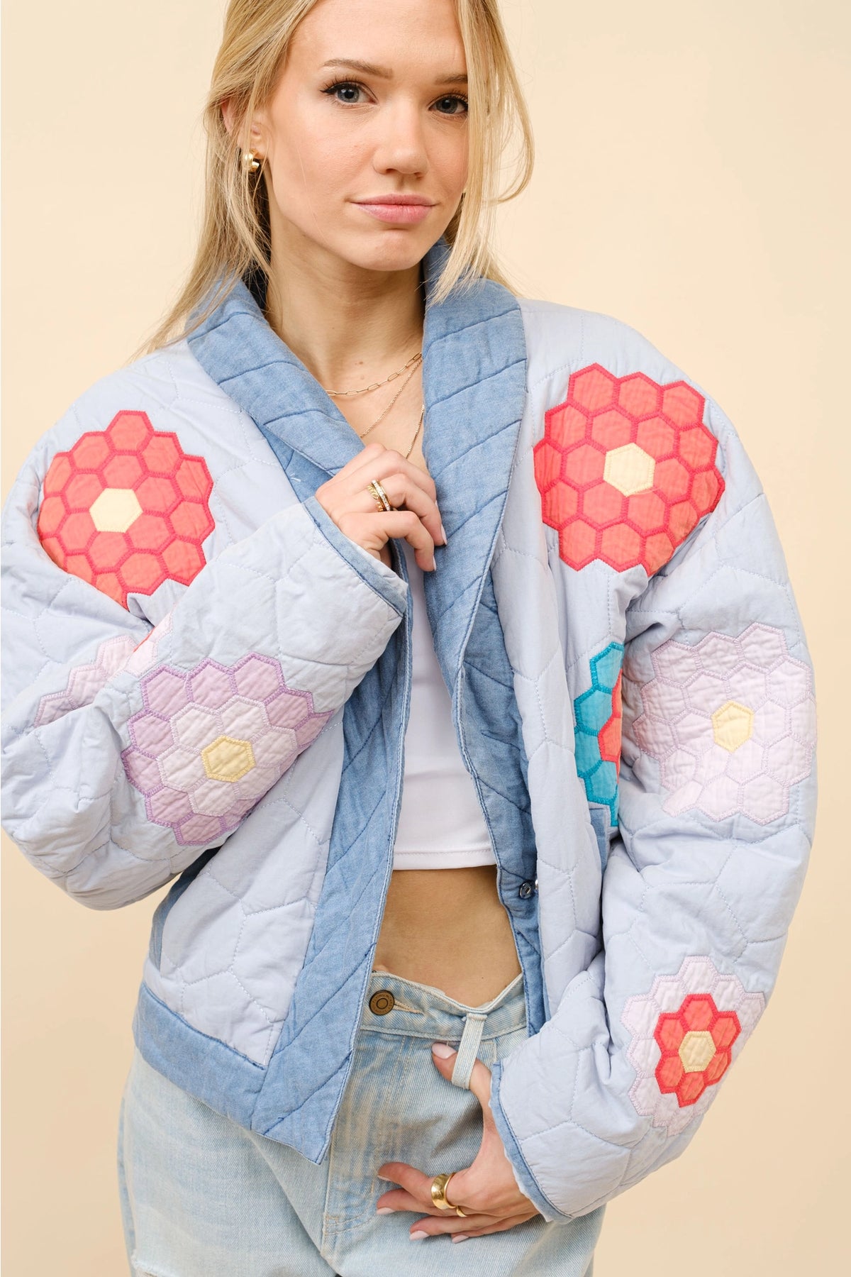 Shawl Under-Collar Quilted Snap Up Jacket