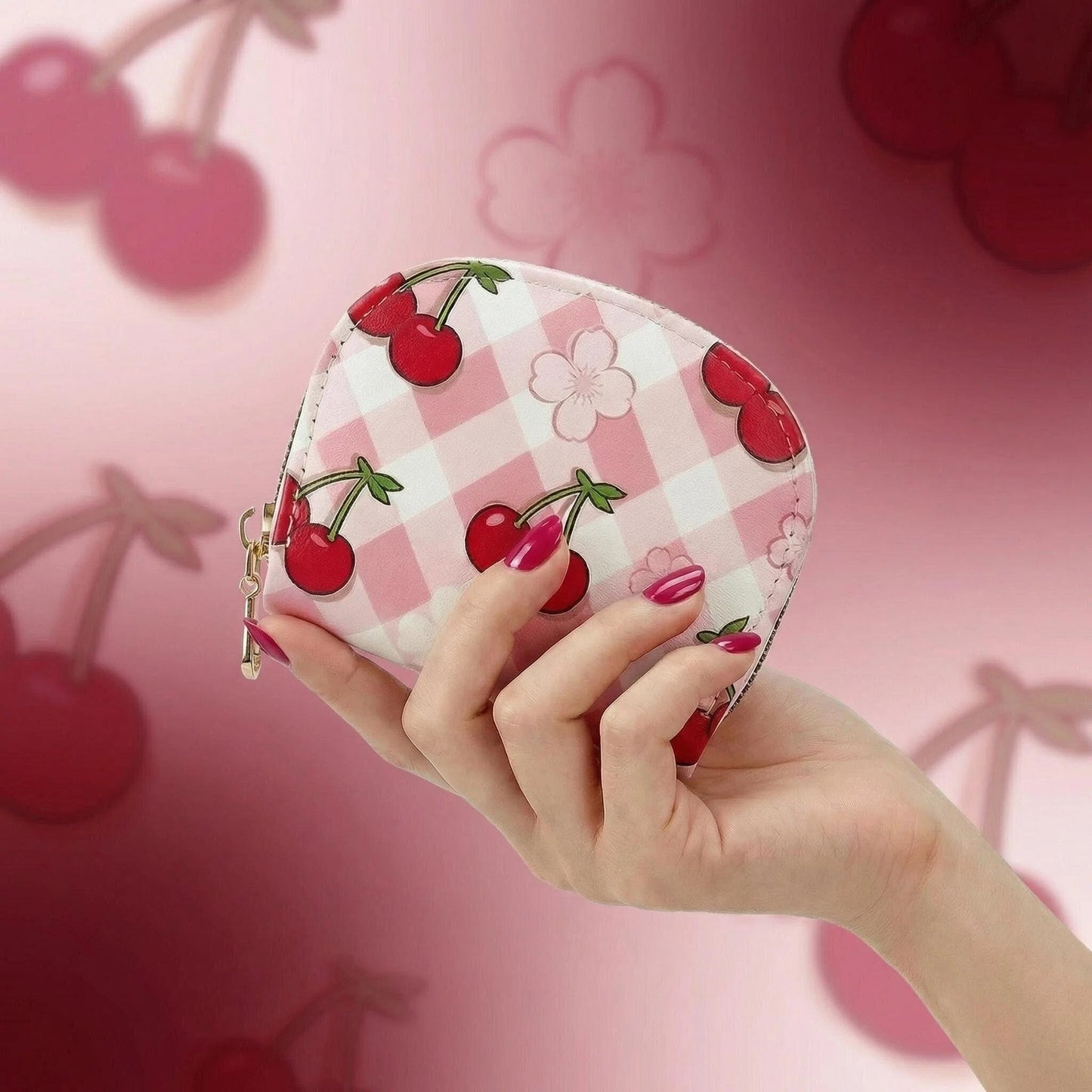 Cherry & Pink Gingham Print Mini Wallet/Bag Charm