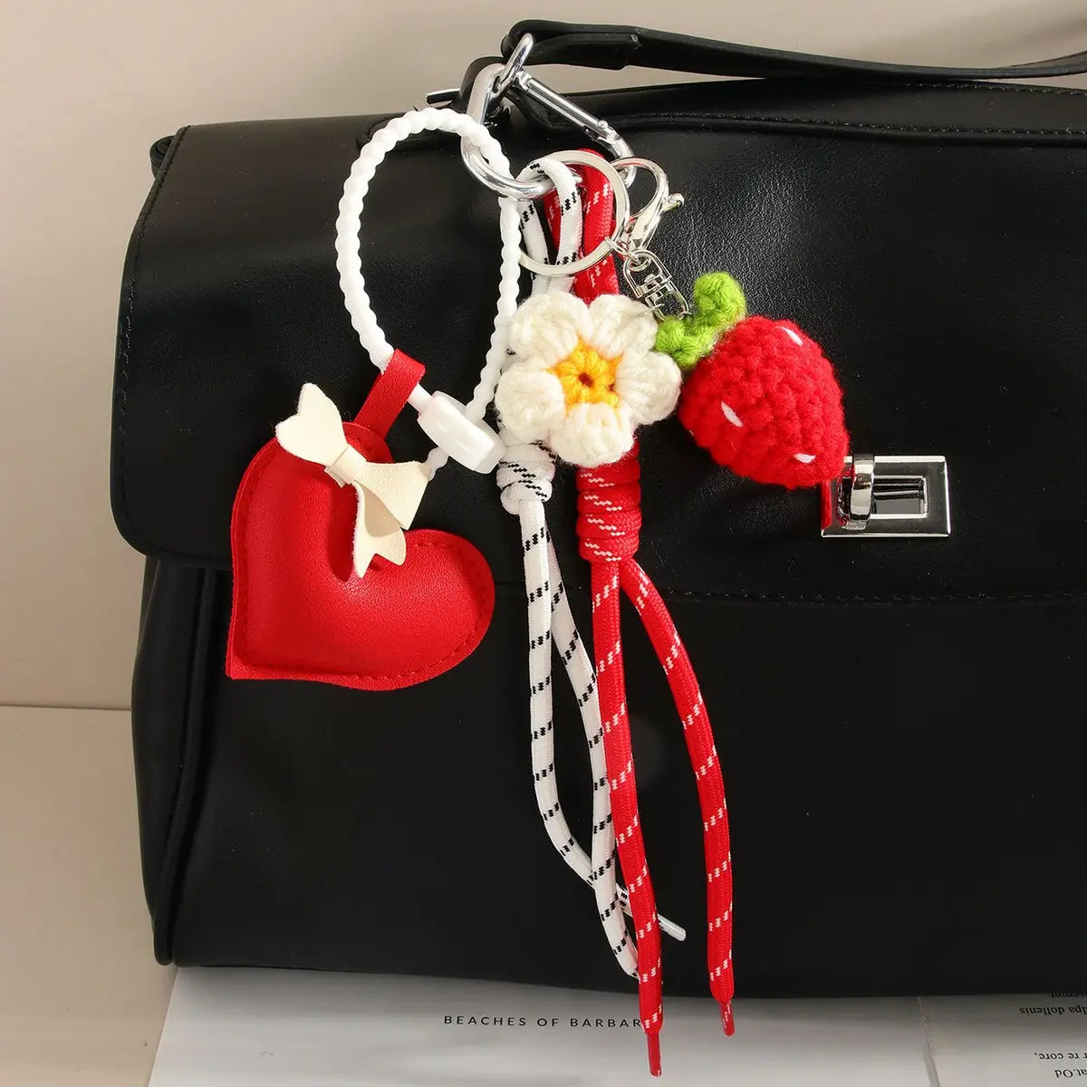 Crocheted Strawberry Keychain with Heart & Bow Bag Charm