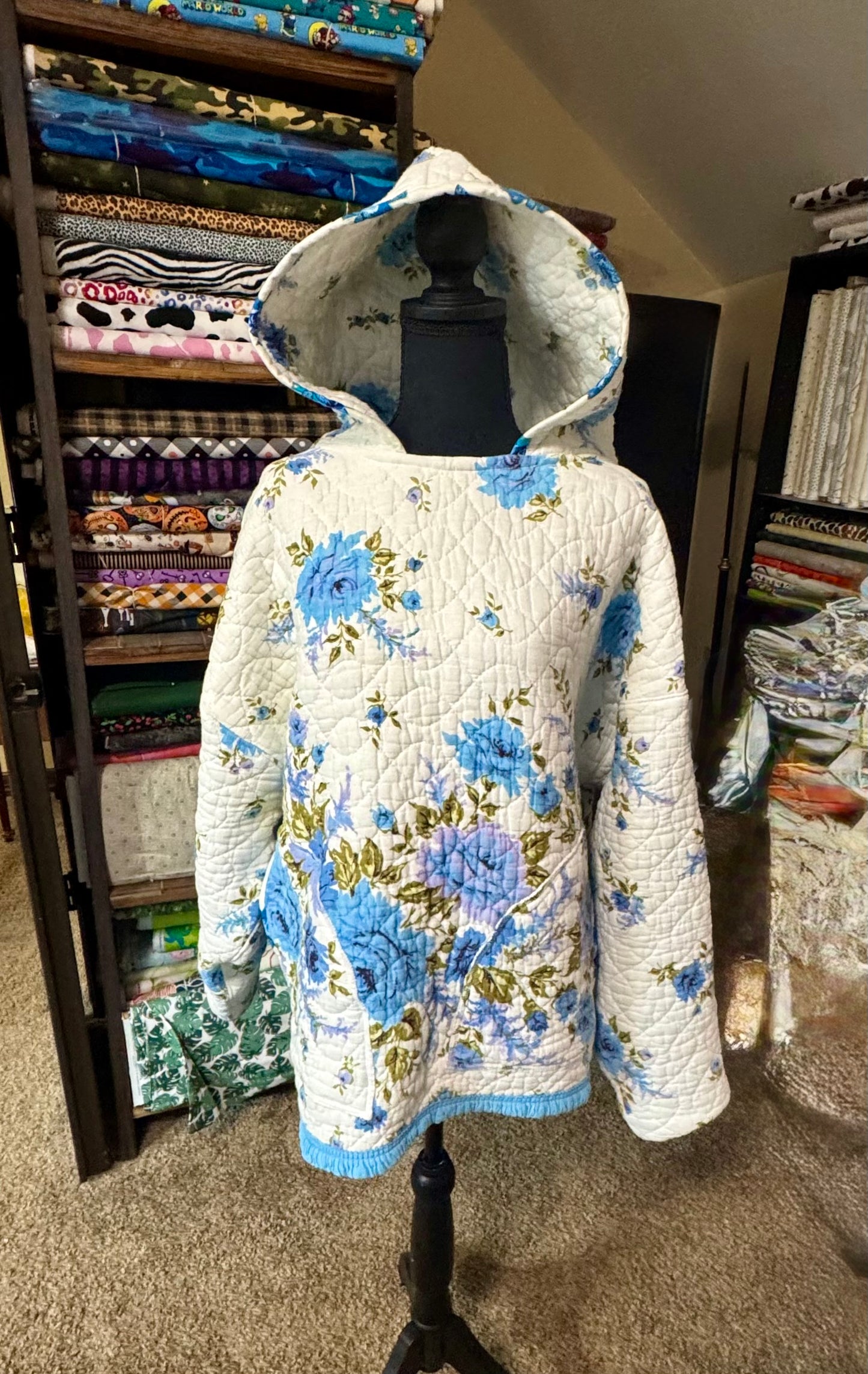 Blue Floral Quilted Hoodie