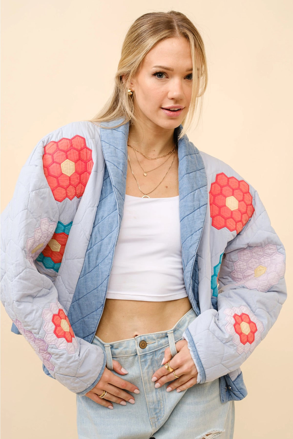 Shawl Under-Collar Quilted Snap Up Jacket