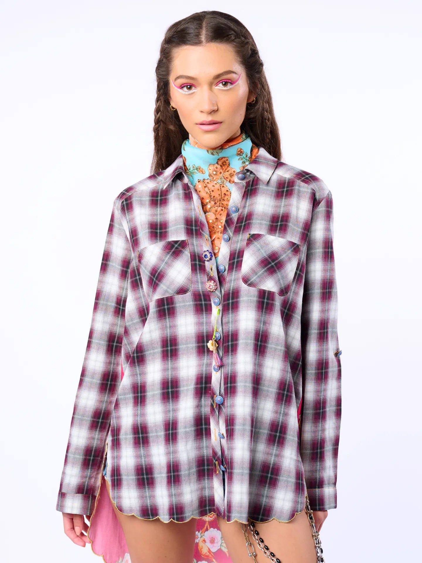 The Alice Shirt - Plaid Floral and Embroidered High Low Blouse