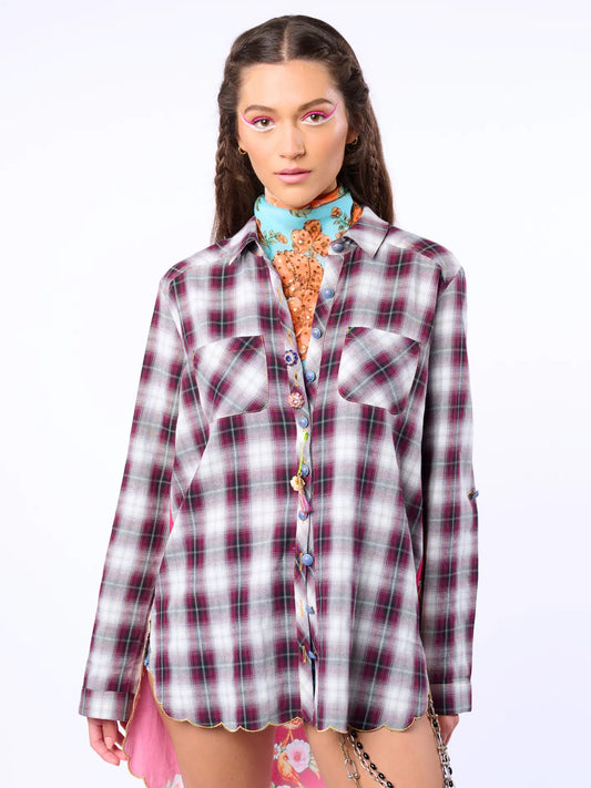 The Alice Shirt - Plaid Floral and Embroidered High Low Blouse