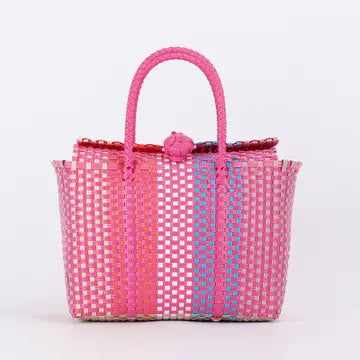 Pink Multicolored Retro Woven PVC Tote Bag with Button Closure
